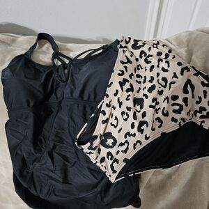 Black and Leopard Print Swimsuit Set
